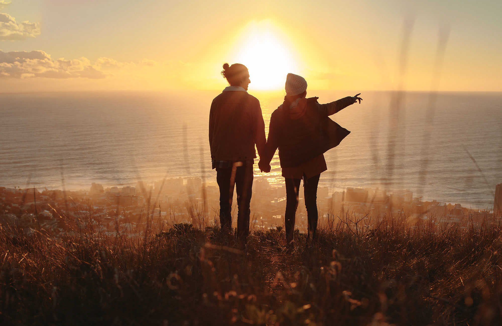 silhouette of people looking at the ocean