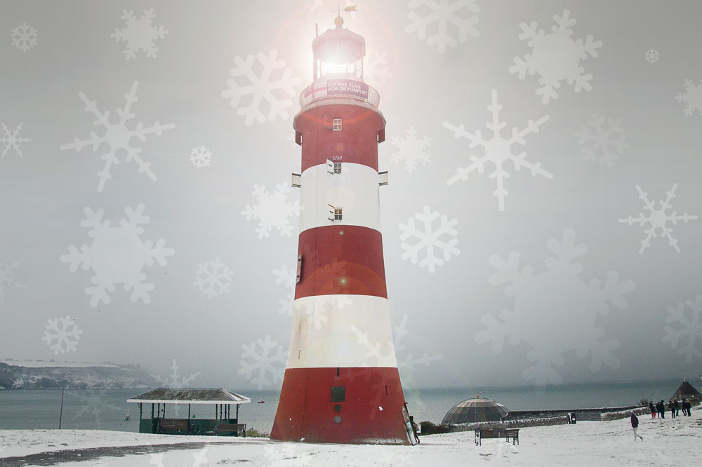 Image of smeatons tower lighthouse in the snow with snowflake overlay